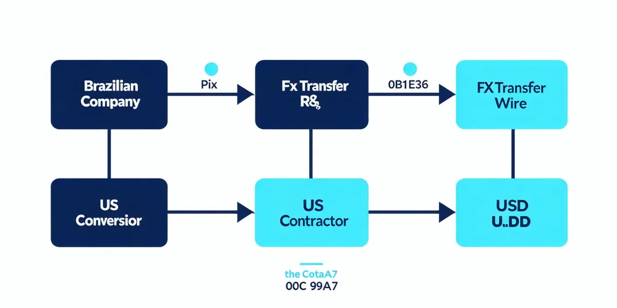 5-step payment flow from Brazilian company BRL Pix transfer through BackChannel FX conversion to US contractor USD bank settlement