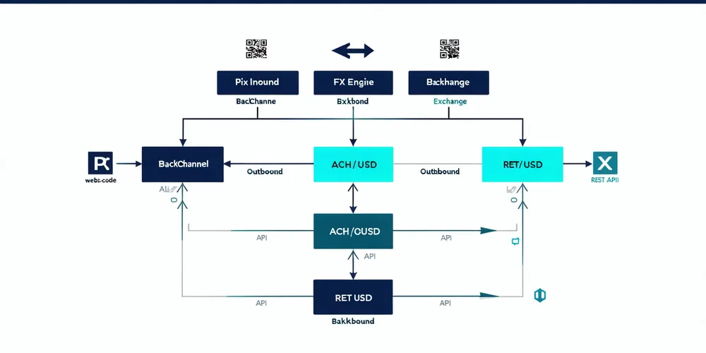 BackChannel API integration diagram showing Pix inbound webhook, FX engine, and ACH outbound connections