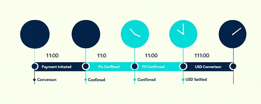 Same-day settlement timeline showing payment initiation through 11:00 BRT cutoff to confirmed USD delivery